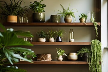 Biophilic Home Design: Wooden Shelf with Green Plants in Minimalist Cozy Vibe