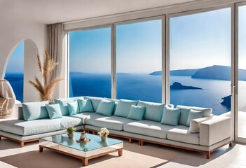 Luxury apartment terrace Santorini Interior of modern living room sofa or couch with beautiful sea view 
