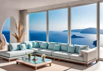 Rolgordijnen Luxury apartment terrace Santorini Interior of modern living room sofa or couch with beautiful sea view  © Muneeb