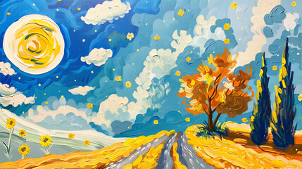 A sunny landscape painting in the style of Van natural view
