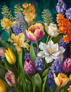 Botanical digital painting of color spring flowers