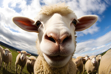 Funny fisheye lense perspective of sheep's face