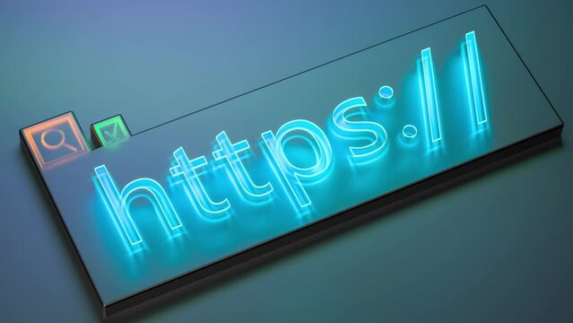 HTTPS - encryption to improve security. HTTPS glowing inscription, concept, animation, 3D render