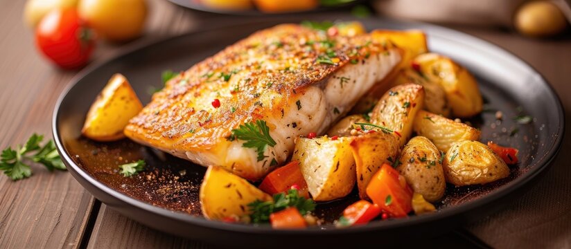 A black plate holds a serving of fried cod accompanied by golden-brown potatoes and mixed vegetables. The plate is placed on a wooden table, showcasing a hearty and satisfying meal.
