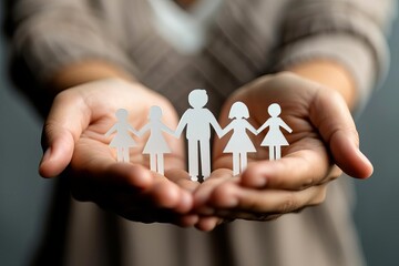 Fototapeta na wymiar Family concept with hands holding a paper cutout of a family Representing home stability Foster care And emotional support