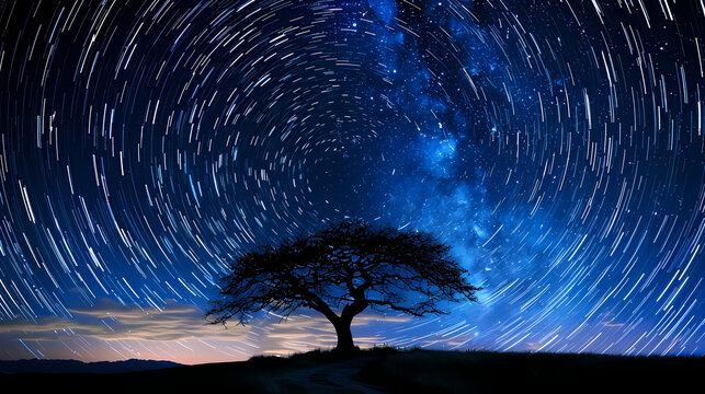 Star Trails Over Lone Tree at Twilight. Nature Background