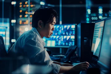 Foto op Canvas An Asian hacker immersed in cybercrime activities, utilizing sophisticated technology and clandestine tactics to infiltrate systems and compromise digital security. © Piyaphorn