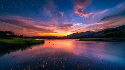 Fototapeta na wymiar Sunset by the Lake With Starry Night Sky