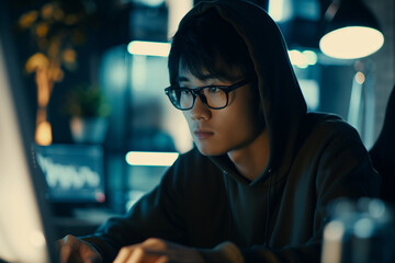 An Asian hacker immersed in cybercrime activities, utilizing sophisticated technology and clandestine tactics to infiltrate systems and compromise digital security. - obrazy, fototapety, plakaty