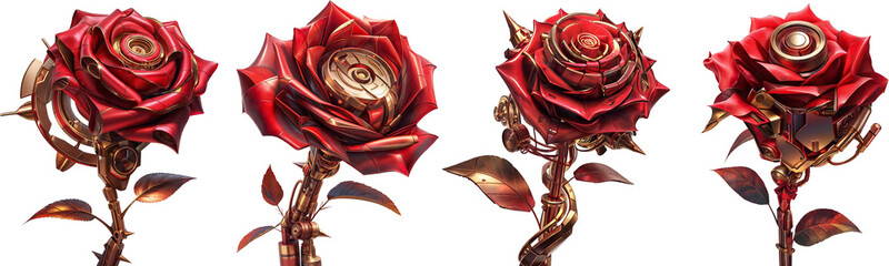 a set a group, of robotic mechanical biomechanical of metallic red golden roses or flowers isolated on a transparent background
