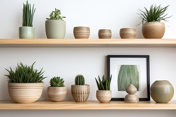 Interior Design Inspo: Cactus and Succulent Chic with Wooden Shelving-Eco Minimalist Decor Piece
