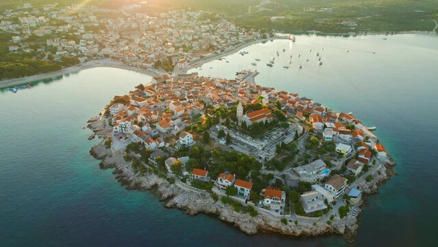 Aerial view of the picturesque Primosten town at sunrise, Adriatic sea, Croatia
