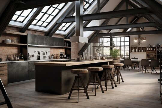 Steel Accents and Scandinavian Flair: Industrial Loft Style Kitchen with Exposed Beams