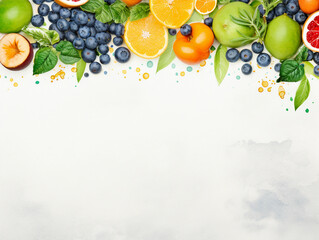 Background with fruits, blueberries, orange, and green salads on a beautiful bright hand-painted blank background with space for text, top view. 