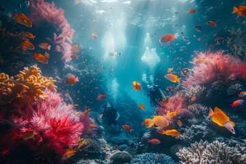 Obraz na płótnie Canvas Explore the mesmerizing underwater world with stunning images of divers surrounded by colorful coral reefs, exotic sea animals, and breathtaking marine landscapes.