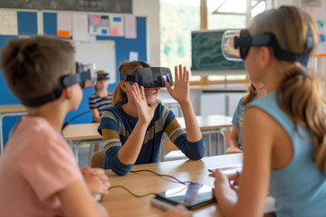 A students and teacher engage in an interactive class using technology and VR headsets, exploring virtual worlds and educational gadgets to enhance learning experiences.
