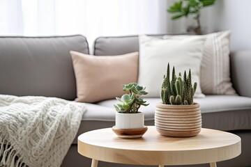 Fototapeta na wymiar Scandinavian Style Living Room with Cactus Decor, Succulent Pots, and Wooden Coffee Table