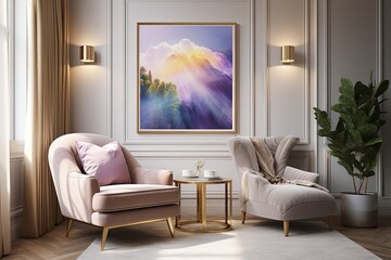Golden Frame Art Adorns Cozy Contemporary Living Room with Comfy Armchair