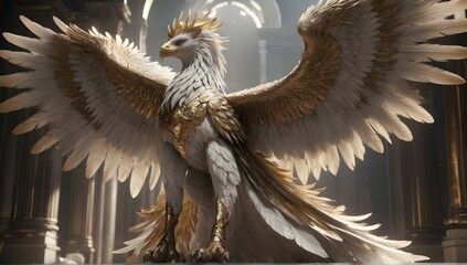 "A majestic griffin with wings outstretched, each feather tipped with shimmering gold, soaring through a fantastical world of marble and bone, its intricate patterns spiraling in a mesmerizing dance."