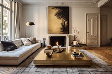 Golden Accents & Modern Rug: Fireplace Decor in a Wood-Floored Living Room