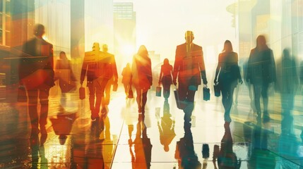 Silhouettes of people: population and business concept, urban crowds at dusk, cityscape with office buildings and busy streets, modern lifestyle and work environment, illustration for social dynamics 