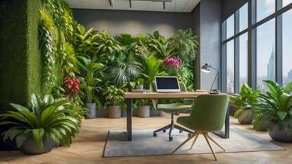 Office Interior Featuring Lush Flora. Modern Office Surrounded by Green Plants. Green Office. Modern Eco-Friendly Office Space Featuring a Lush Living Green Wall, Designed to Promote Employee Wellness