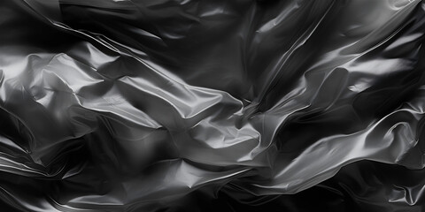 Plastic wrap overlay black background. Wrinkle texture effect. Crumpled polyethylene wrapper design. Package cellophane template material - obrazy, fototapety, plakaty