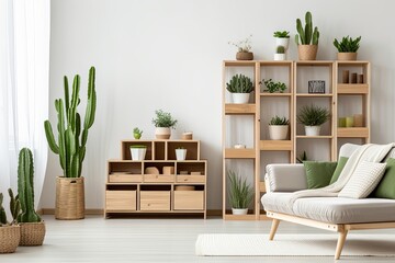 Scandinavian Living Room: Minimalist Wood Furniture with Cactus and Succulent Decors