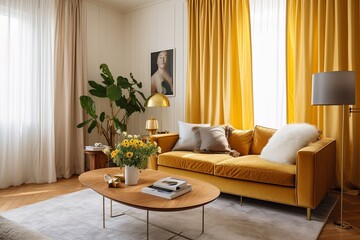 Golden Curtain Living Room: Modern Cozy Scandinavian Design with Furniture