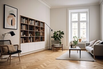 Nordic Chic Living Room: Herringbone Floor, Wooden Furniture, Pendant Light