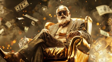 captivating image featuring a rich businessman sitting on a golden throne with cash flying around him, portraying opulence and wealth in the financial world - obrazy, fototapety, plakaty