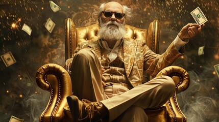 depiction of a wealthy old man seated on a luxurious golden chair, surrounded by flying money symbolizing financial success and prosperity - obrazy, fototapety, plakaty