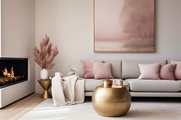Golden Vase Glow: Modern Living Room with Pastel Couch & Cozy Fireplace