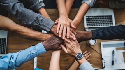 Diverse team building: multicultural members join hands in unity, emphasizing workplace collaboration and inclusivity - obrazy, fototapety, plakaty