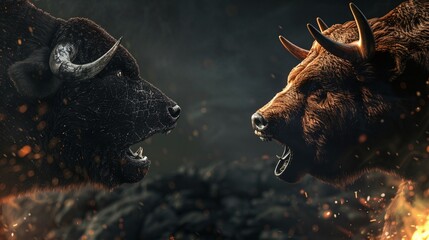 fierce face-off between the bull and bear markets in a dynamic stock market environment, depicting the ongoing struggle for dominance in the financial world - obrazy, fototapety, plakaty