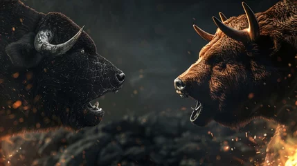 Foto op Aluminium fierce face-off between the bull and bear markets in a dynamic stock market environment, depicting the ongoing struggle for dominance in the financial world © CinimaticWorks