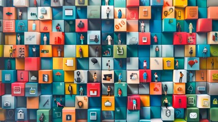 Top view of collaborative creativity: people, blocks, and icons in creepyteamwork concept