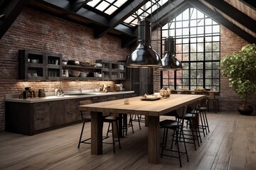 Steel Chairs and Wooden Island: Contemporary Loft Kitchen Designs with Industrial Touch and Pendant Lights - obrazy, fototapety, plakaty
