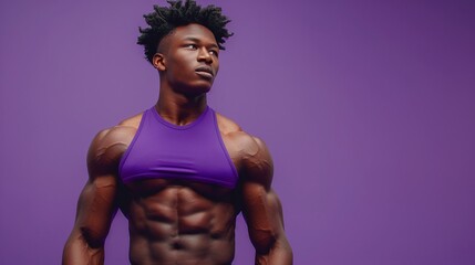 afro american fitness model with well defined torso and muscular abdominal muscles in purple top, demonstrating strength and fitness with copy space - obrazy, fototapety, plakaty
