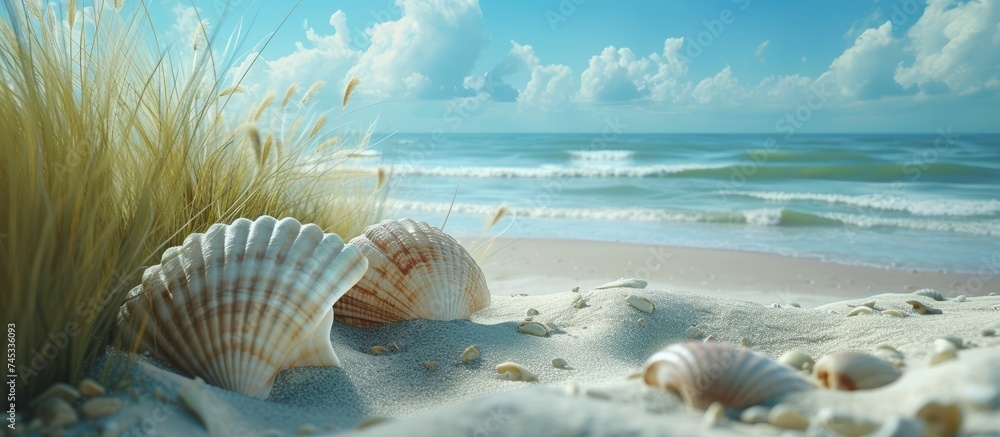 Poster Two seashells are lying on a sandy beach near the ocean. The shells are distinct in shape and size, contrasting with the soft sand beneath them.