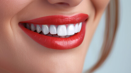 Close Up of Smiling Woman's Mouth with Healthy, Beautiful, White Teeth and Red Lipstick. Concept of Dental Clinic.	
