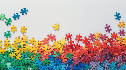 Vibrant rainbow jigsaw puzzle frame encircling creepy white blank space &ndash; abstract colorful background