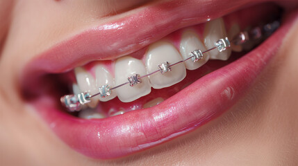 Close Up of Smiling Woman's Mouth with Healthy, Beautiful, White Teeth with Braces. Concept of Dental Orthodontic Clinic.	