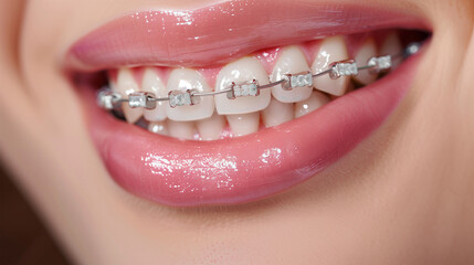 Obraz premium Close Up of Smiling Woman's Mouth with Healthy, Beautiful, White Teeth with Braces. Concept of Dental Orthodontic Clinic. 