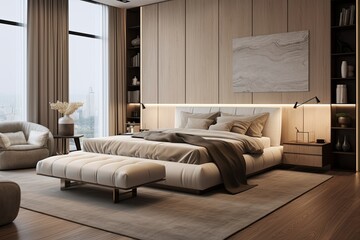 Luxe Loft Living: Neutral Color Palette Bedroom with Leather Details - Minimalist Decor for Upscale Urban Style