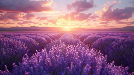Naklejka premium Landscape of Serene Sunset Over Lavender Meadow: Nature's Beauty Herbal Field.
