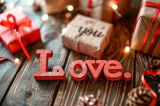 The word love consists of wooden red figures on a wooden table among gifts. The concept of family, love, relationships. Beautiful card for Family Day, Valentine's Day, Mother's Day, Father's Day