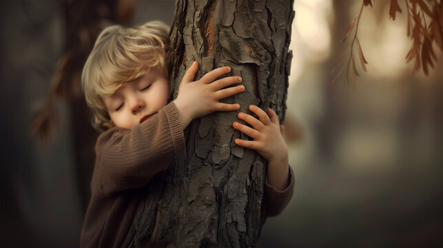 Cute Boy with Closed Eyes While Hugging Tree in the Forest. Promoting Eco Awareness and Natural Care and Connection Idea.