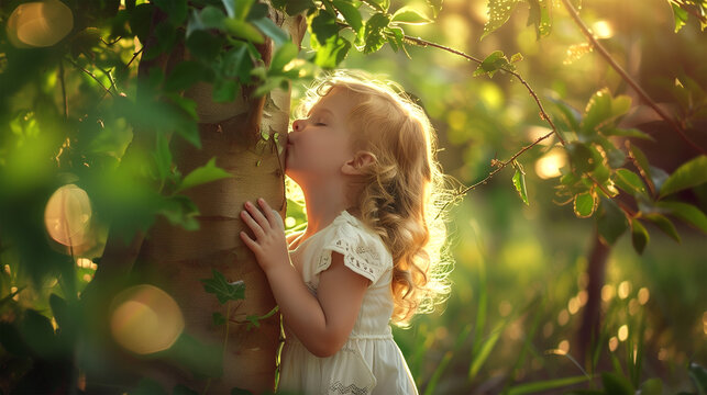 Cute Girl Smiling While Hugging Tree in Sunlit Forest. Promoting Eco Awareness, Joy and Natural Care Idea.