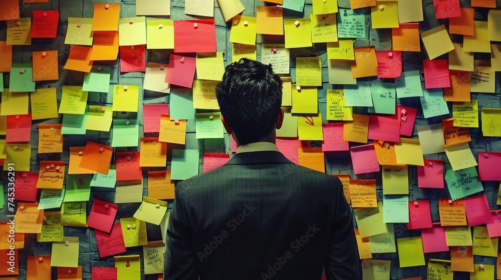 Poster wall full of post it notes, businessman strategizing and prioritizing tasks for enhanced productivit